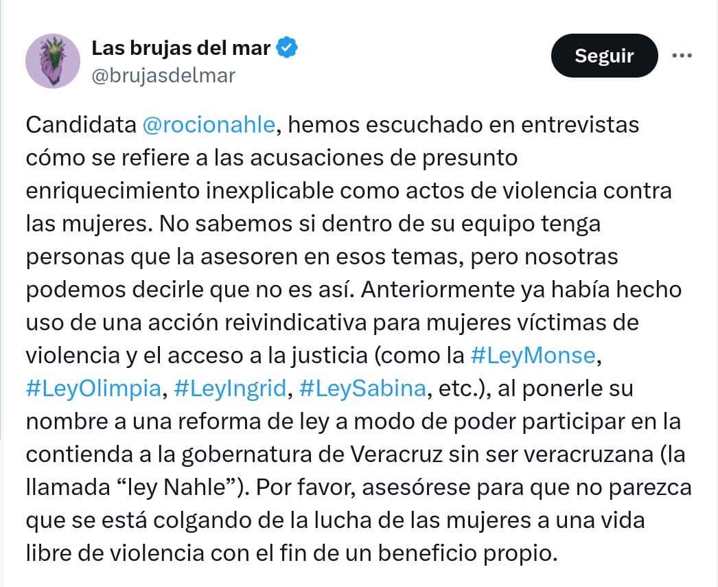 BRUJAS DE MAR LLAMAN A ROCÍO NAHLE A QUE SE ASESORE EN TEMAS DE VIOLENCIA DE GÉNERO