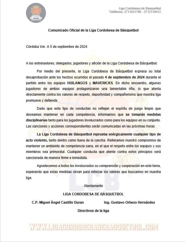 LIGA CORDOBESA DE BALONCESTO ANUNCIA SANCIONES POR RIÑA