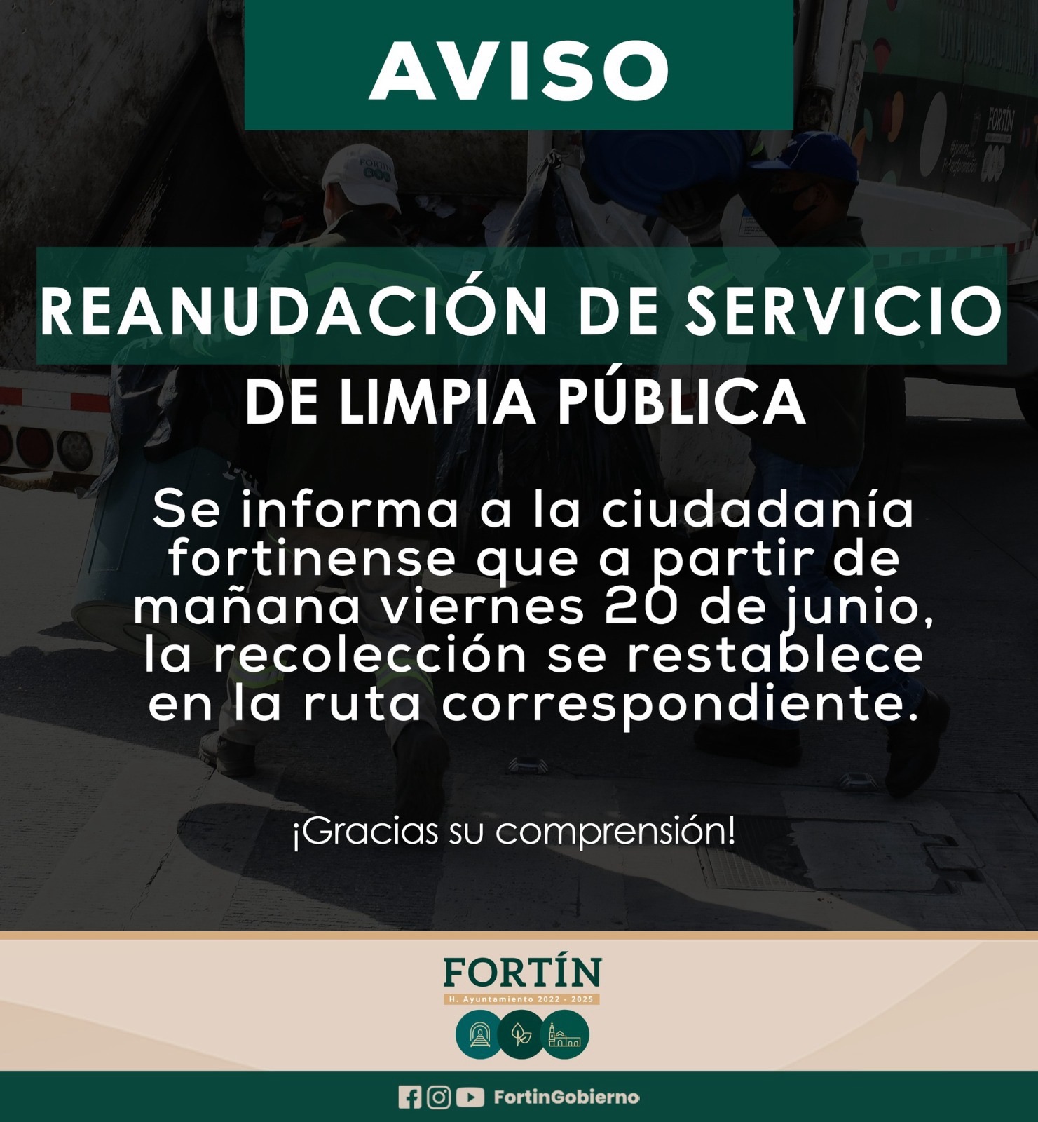 Se reanuda el servicio de recolección de basura este viernes 20