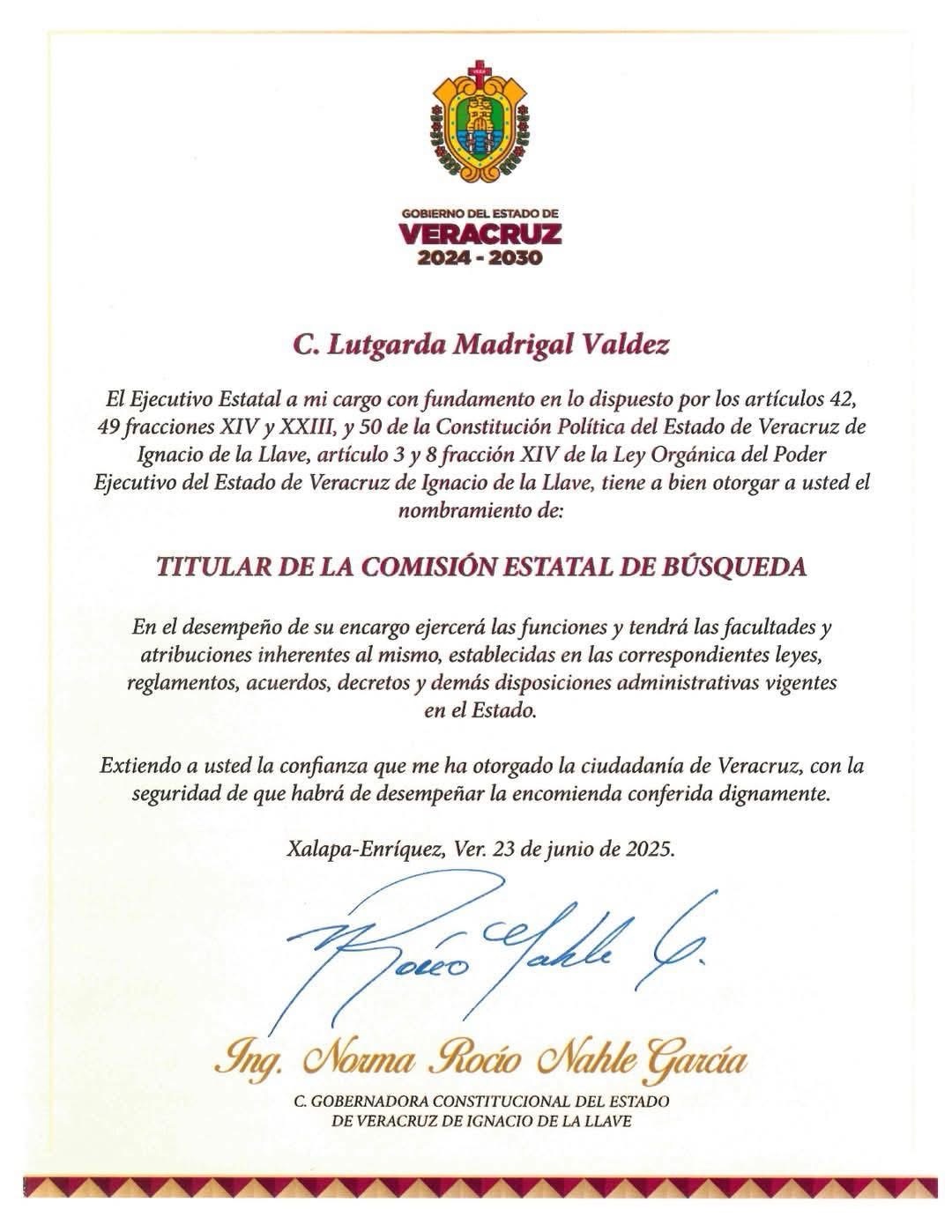 NOMBRA GOBERNADORA A LUTGARDA MADRIGAL COMO TITULAR DE LA COMISIÓN DE BÚSQUEDA