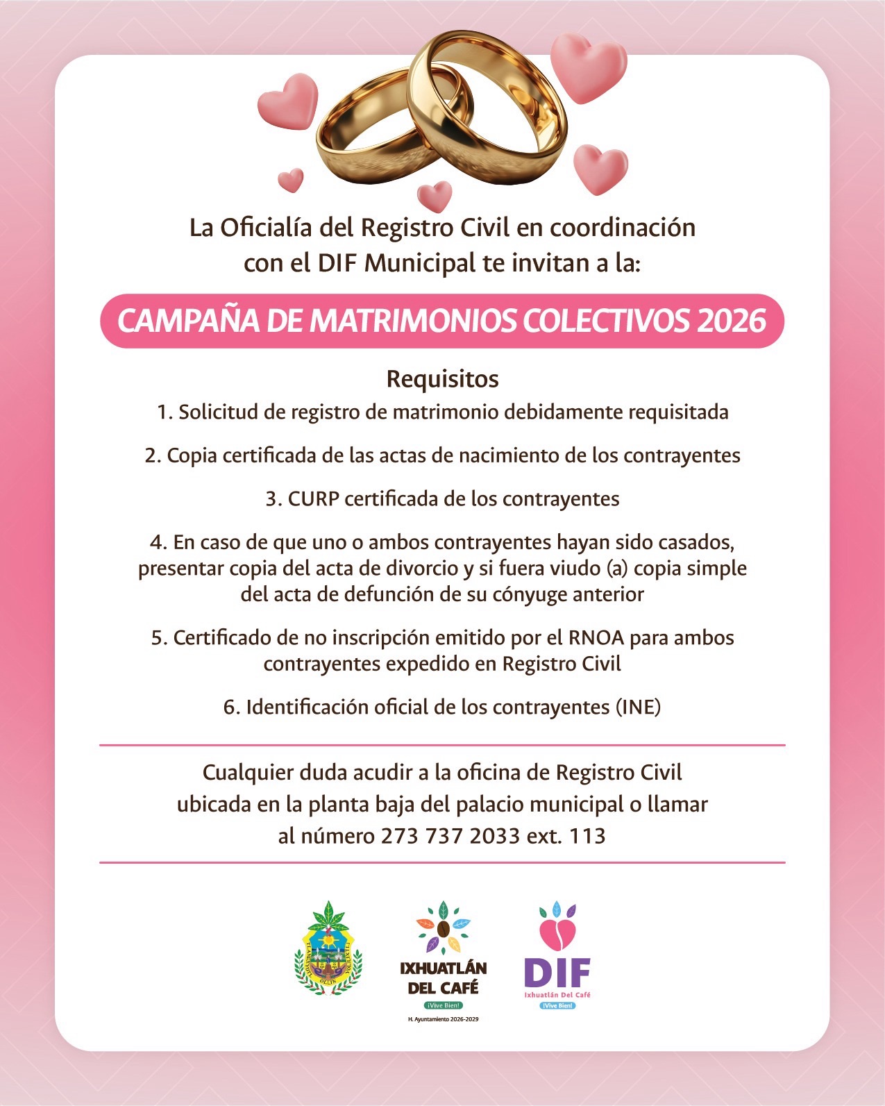 INVITAN A MATRIMONIOS COLECTIVOS EN IXHUATLÁN DEL CAFÉ